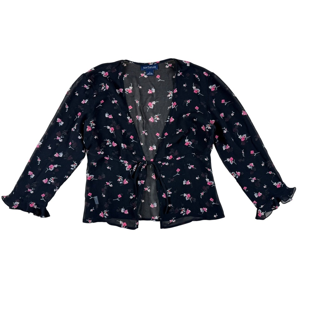 Ann Taylor 2 Silk Blouse Floral Coquette Sheer Tie Front Ruffle Cuff